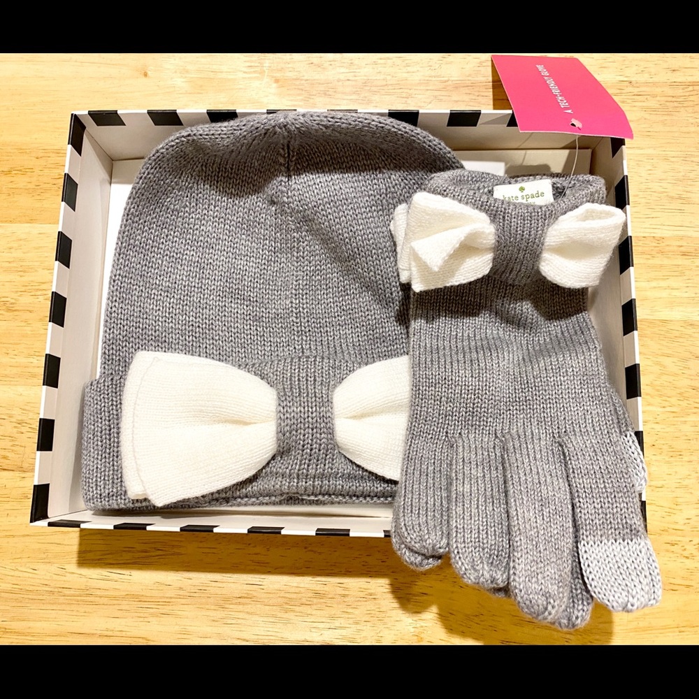 Kate Spade Beanie and Glove Heather Grey/Cream-NEW